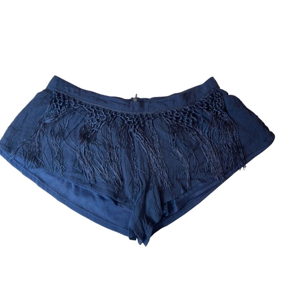 Tobi Womens Fringe Booty Shorts Back Zip Elastic Waist Blue Size Small